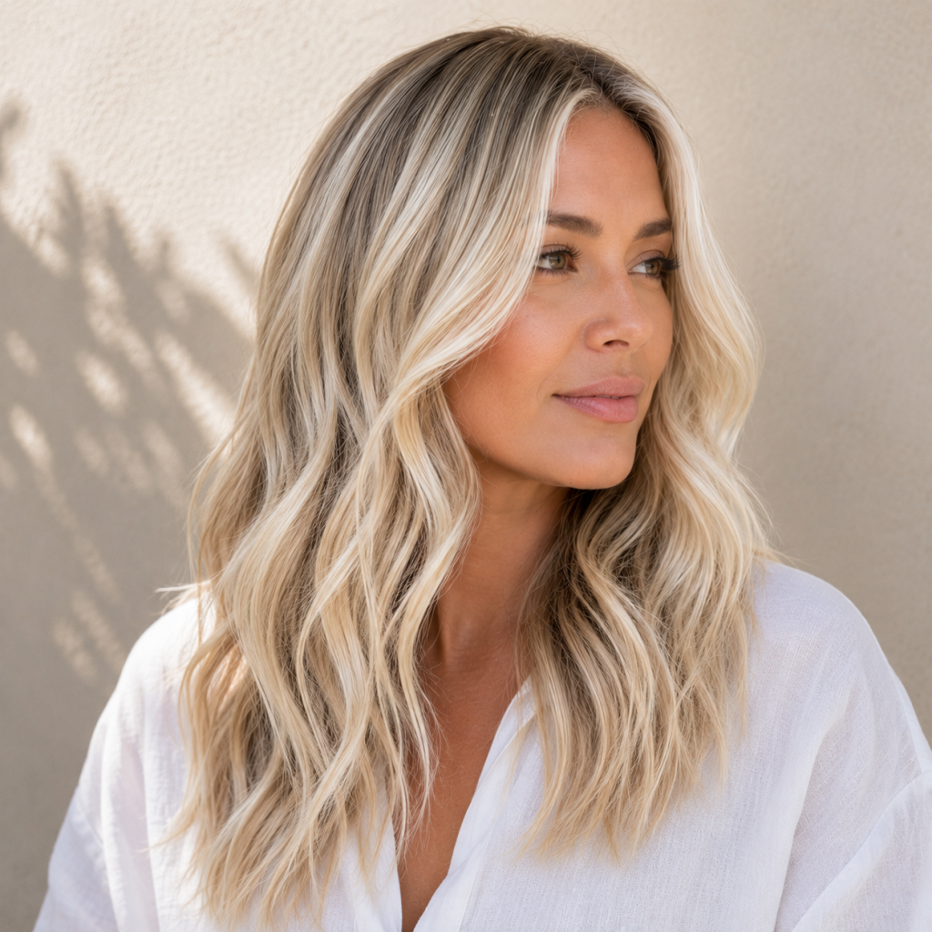 Woman with platinum blonde hair and soft beach waves showcasing a seamless blonde balayage finish.
