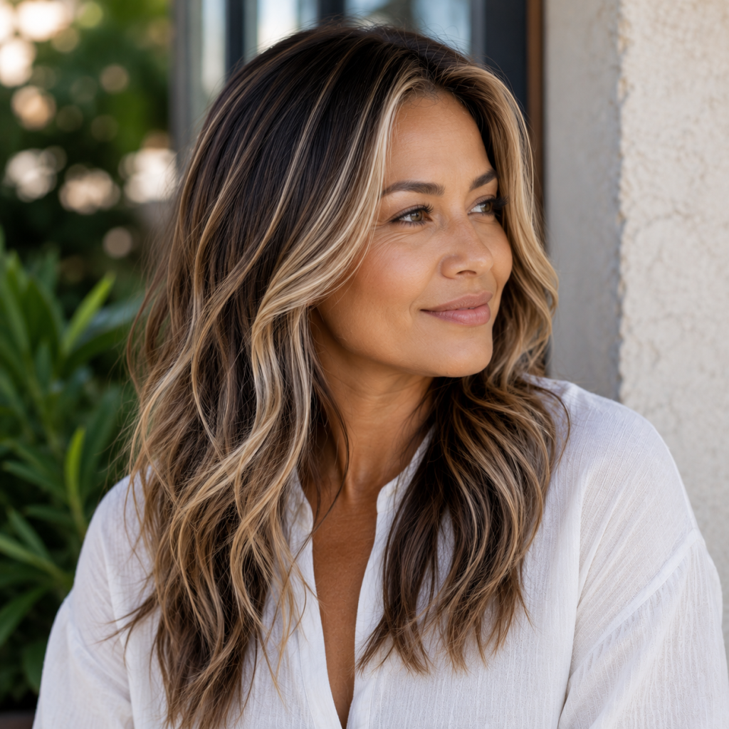 Woman with dimensional blonde highlights and foils creating natural depth, brightness and shine.